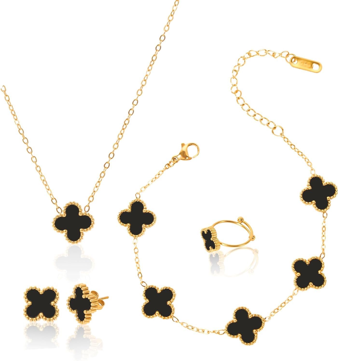 Anti Tarnish Jewellery Latest Stylish Clover Ring Earrings Bracelet Chain Pendant Combo Gifts Necklace Jewellery Set for Women & Girls-image-6