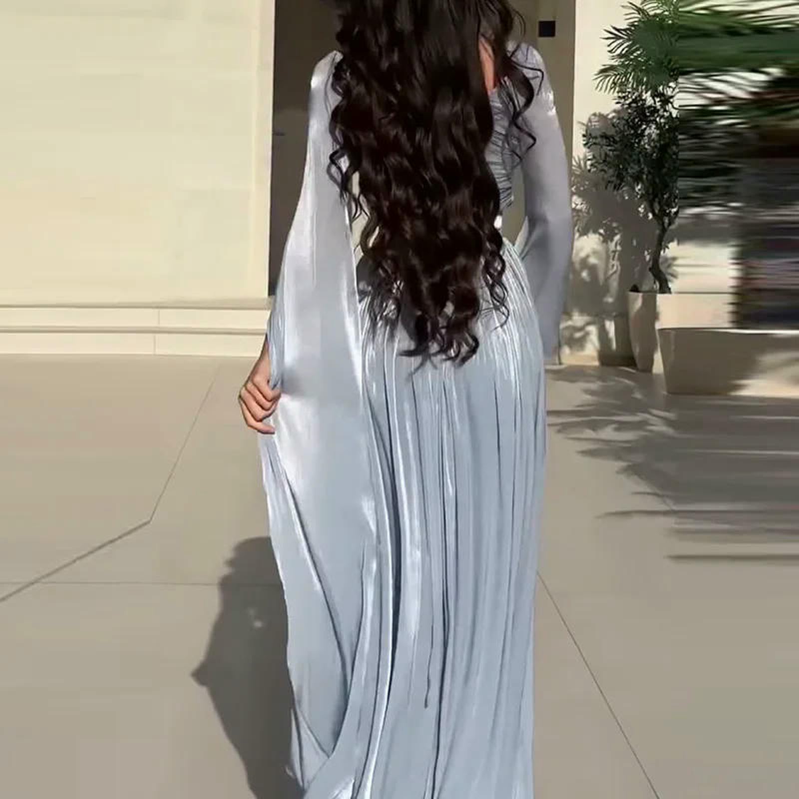 Vestito Donne Una Spalla Drappato Maxi Abito Manica Lunga Alta Vita Fessura Elegante Serata Formale Festa Lungo-Blue-m