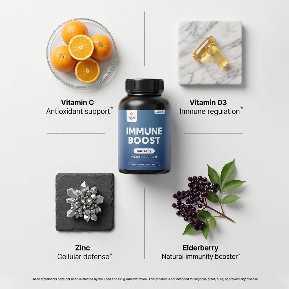 Immune Support Capsules for Adults with Elderberry, Vitamin C, Vitamin D3 & Zinc – Daily Immune Defense Supplement | Zealthy Life | 60 Capsules — Amazon image 3