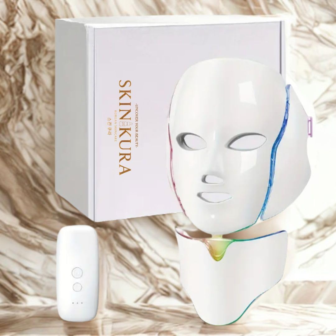 Skinkura LED maseczka do twarzy i szyi – 7 kolorowej terapii światłem, przeciwstarzeniowa, odmładzanie skóry Collagen – maska na twarz z przyciskiem dotykowym, 7 kolorów - Photon LED