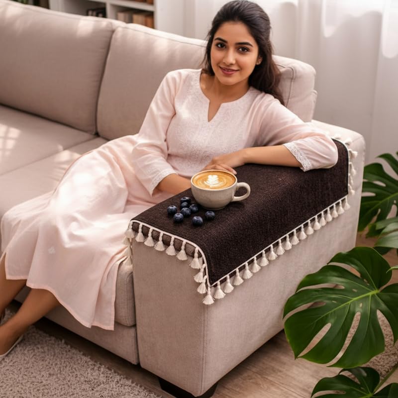 Image of STITCHNEST Jute Sofa Arm Cover with Tassels | Elegant Textured Hand Rest Protector | Durable & Long-Lasting | 18 x 22 Inches