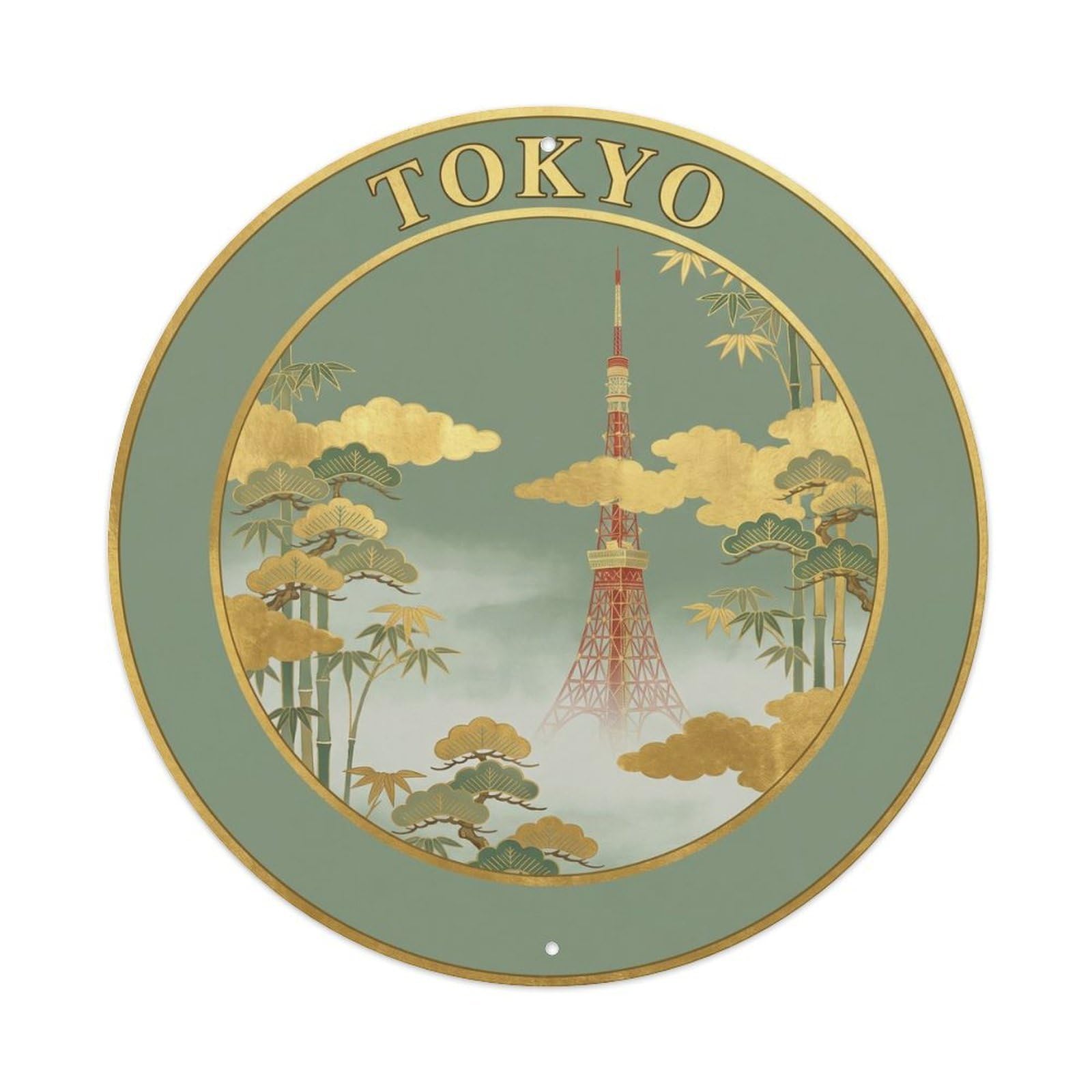 Olyhtr 8X8inch Classic Style Tokyo Tower Spring Mist Rinpa Sage Gold Japan Metal Tin Sign