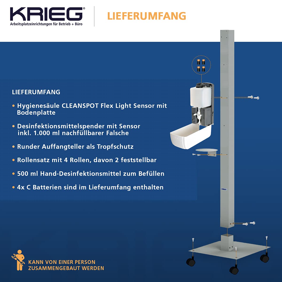 KRIEG Desinfektionsmittelständer mit Sensor + Auffangschale I Silber I Kontaktlos Hygienestation 1000 ml - 333 Sprühstöße I Desinfektionsstation freistehend, höhenverstellbar, touchless I Ready to go