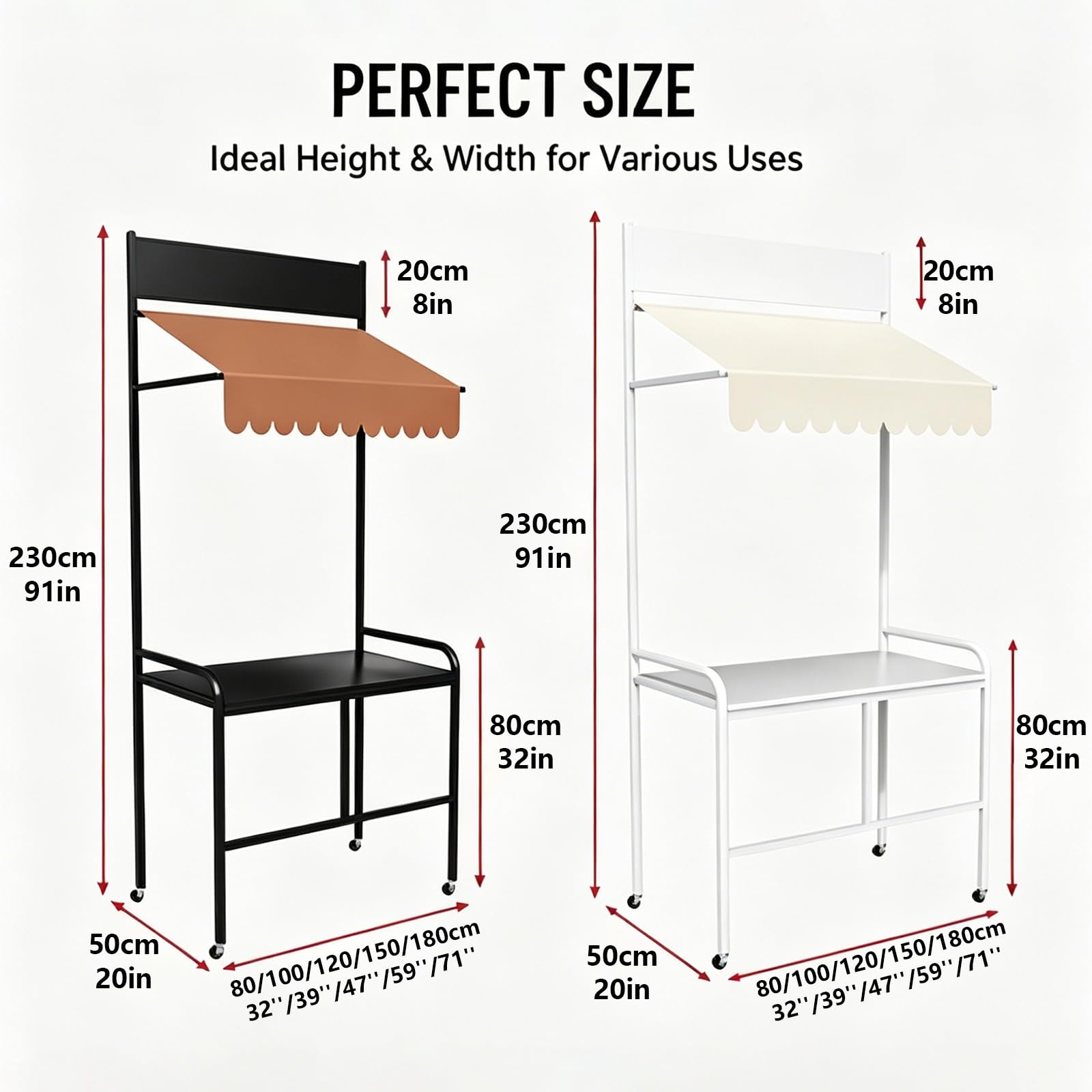 Carretto portatile per venditori con tettoia smerlata e ruote bloccabili Bancarella del mercato mobile per fiere artigianali, pop-up shop ed eventi all'aperto(White,80cm/32in)