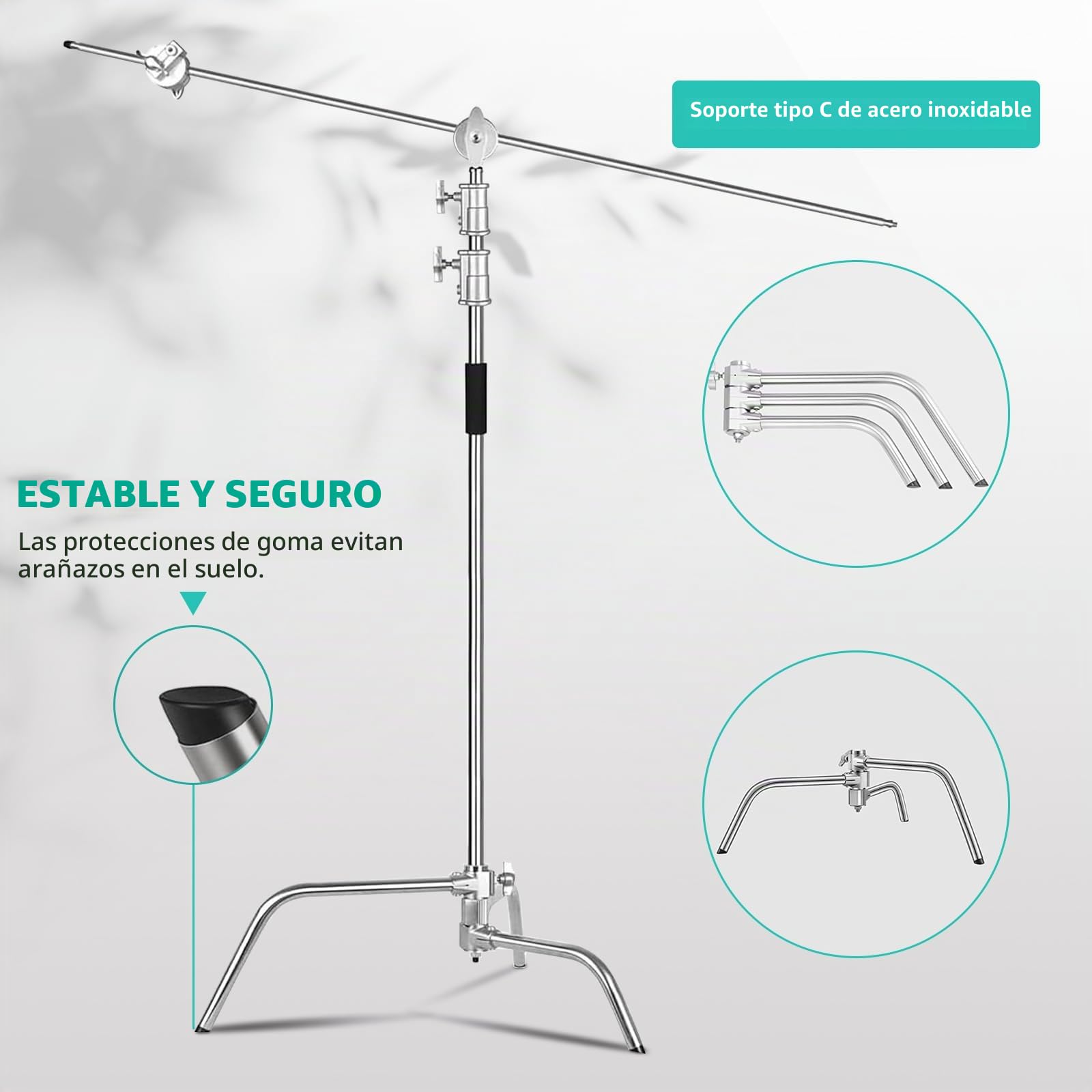 C Stand 100% Acero Inoxidable Resistente con Brazo Articulado,Altura Máxima 330cm,Soporte C Ajustable para Lámpara con Brazo de Sujeción de 127cm,2 Cabezales de Mango para Monoluz de Estudio
