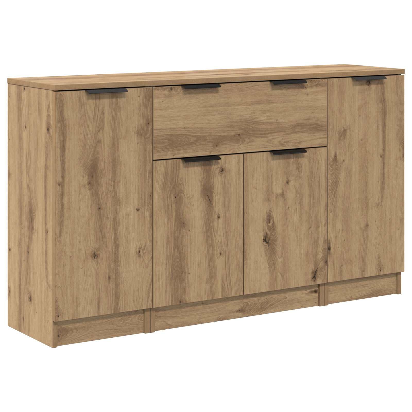 Bufet 3 pcs Dąb rzemieślniczy Materiał drewnopochodny Nowoczesny kredens do salonu i jadalni 120x30x70 cm z 4 drzwiami półkami pojemny mebel do przechowywania naczyń i dekoracji