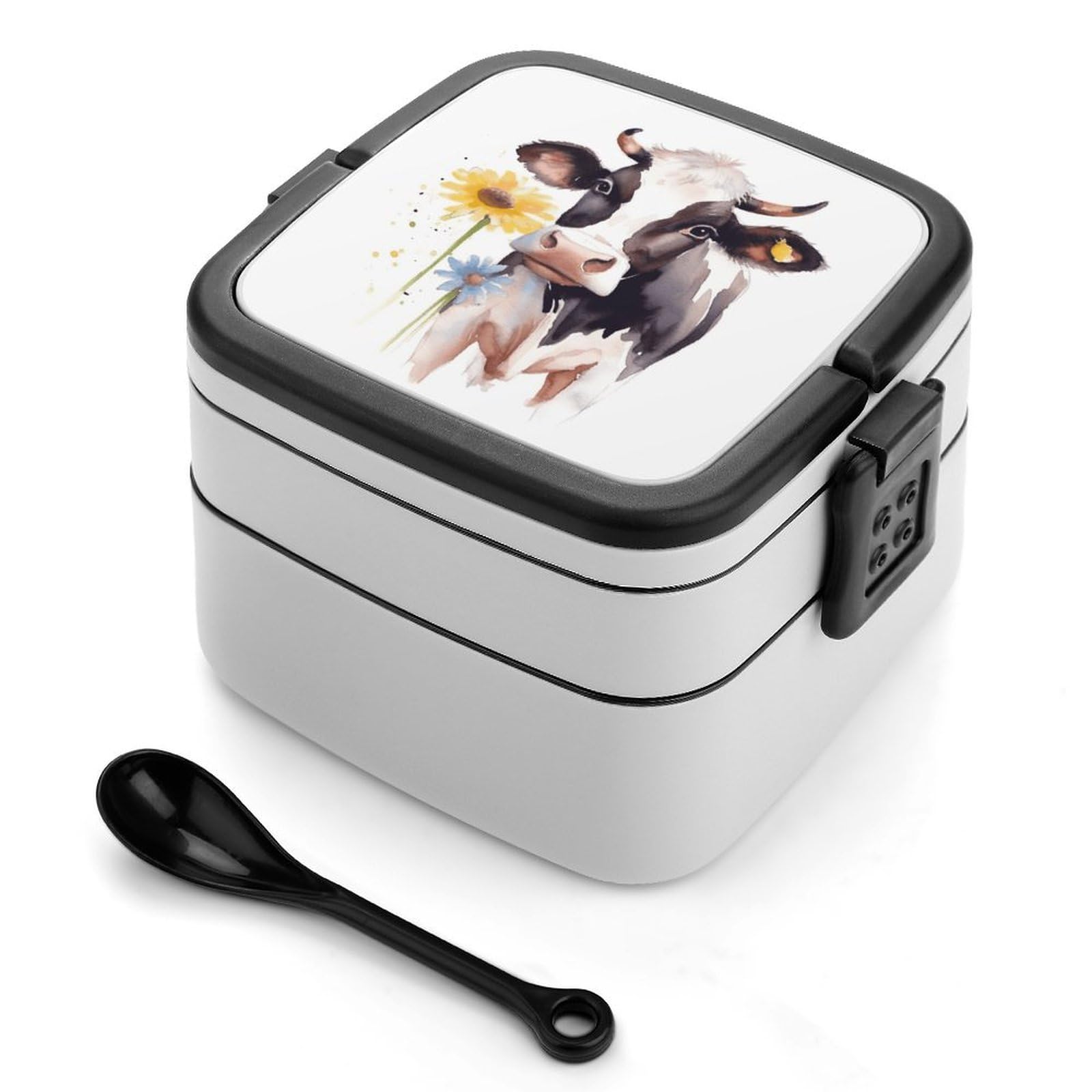 FekiLoot Watercolor Cow And Daisy Flower Bento Box Adult Lunch Box Sealed Bento Lunch Boxes with Spoon Sturdy Double Layer Bento Boxes Snap-on Design Leak Proof Lunch Containers Ideal for Work