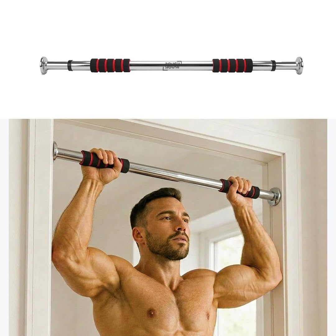 Roughhouse Pull Up Bar for Home Workout, Red Red/Chrome - Image 1