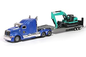 Diecast Toy Model Flatbed Truck with Excavator Tractor
