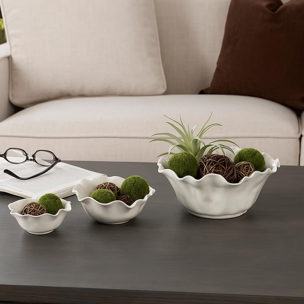 Decorative Petal Bowl for Coffee Table Decor - Stylish Centerpiece Table Decorations or Kitchen Counter Decor - Modern Elegant Home Decor Accent for Key and Candy Bowl - Set of 3, 12", 10", 8", Ivory