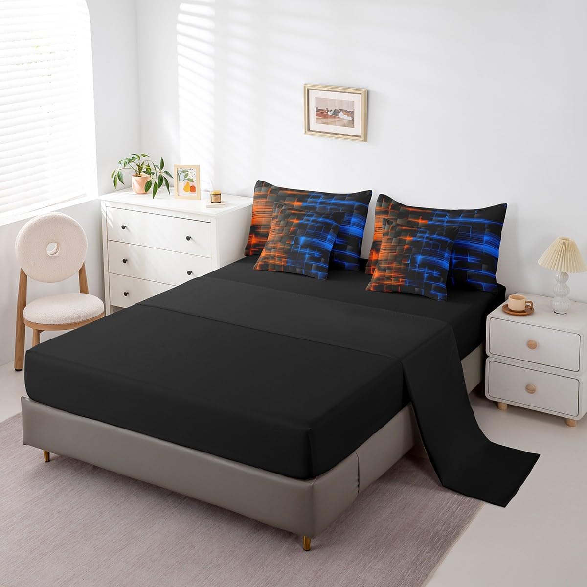 Feelyou Blue and Orange Comforter Set with Sheets 7 Piece Full Size Kids Geometric Bed in a Bag Strip Lines Bedding Set Abstract Art Bed Set with Comforter, Sheets,Pillowcases,Cushion Covers
