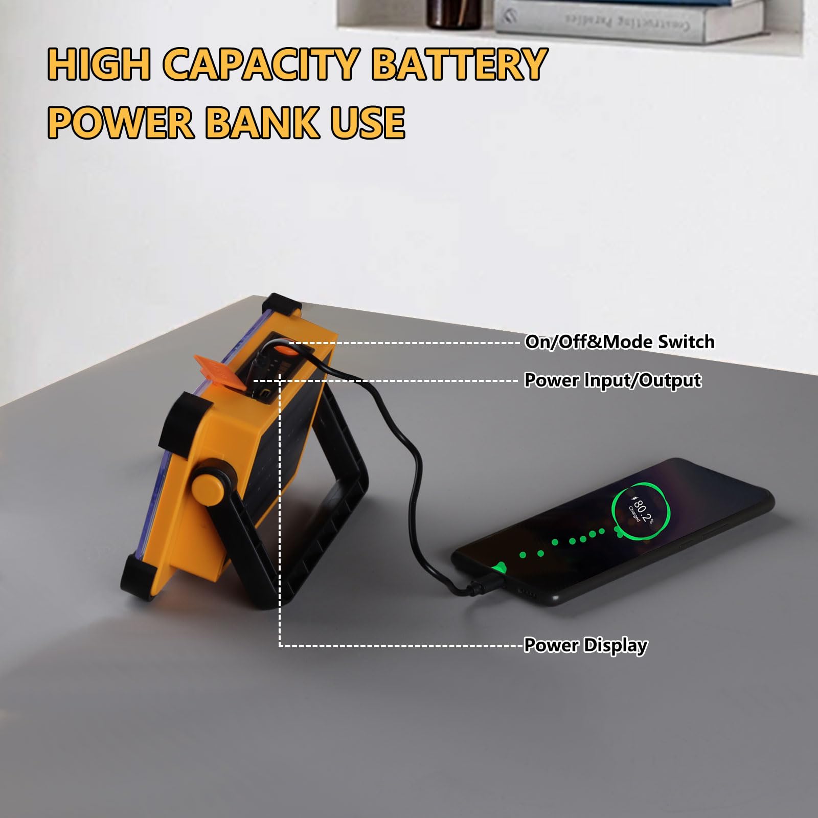 Luce di lavoro solare ricaricabile, 120 W, 144 LED, 10000 lm, portatile, luce di inondazione con supporto, IP66 impermeabile, power bank, 4 modalità, torcia LED da lavoro