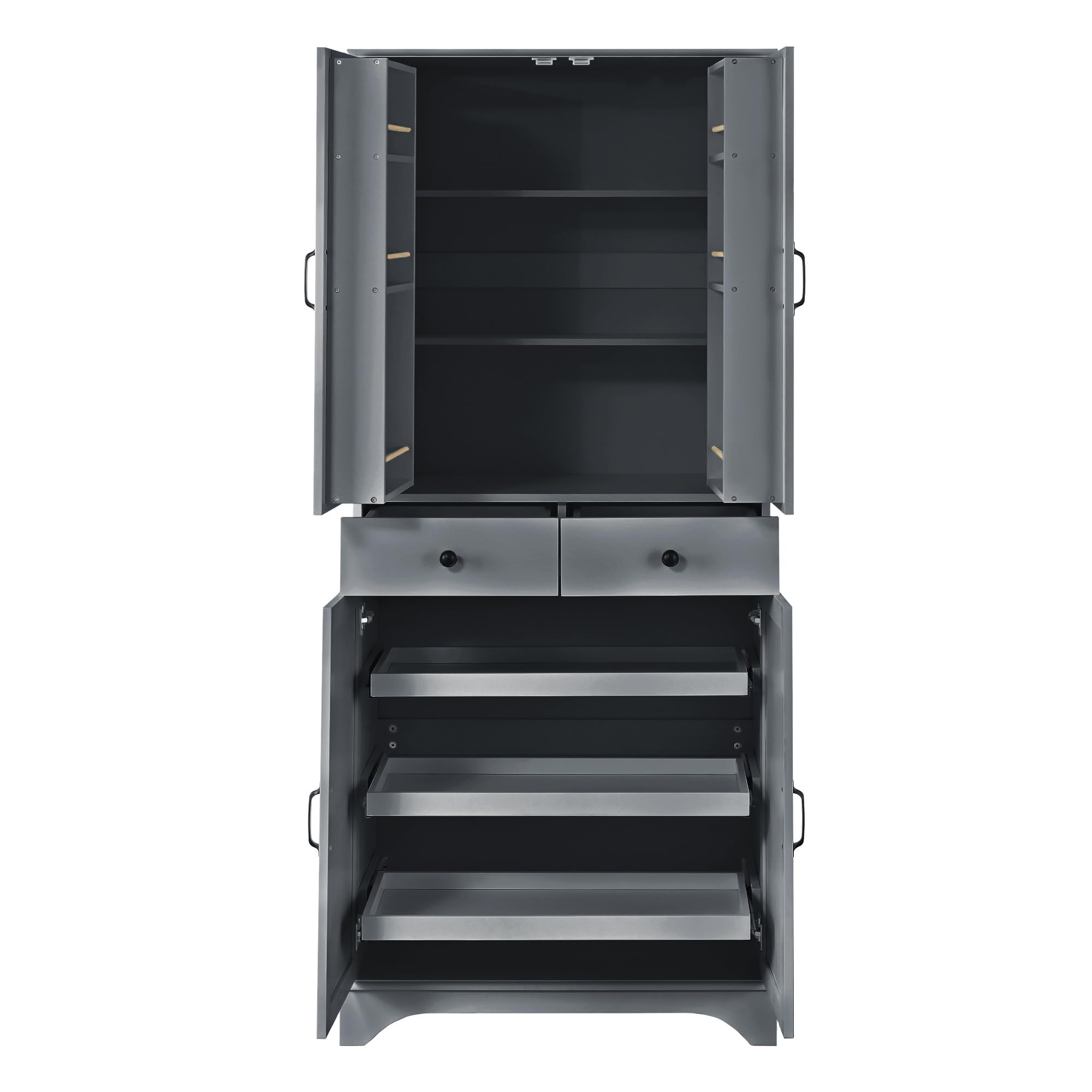 Armario alto con estantes ajustables y cajones, estantería con estantes extensibles y puertas de frigorífico, ideal para comedor, salón y cocina (gris)
