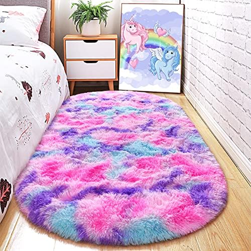 junovo Fluffy Oval Rug for Bedroom Soft Rainbow Area Rugs