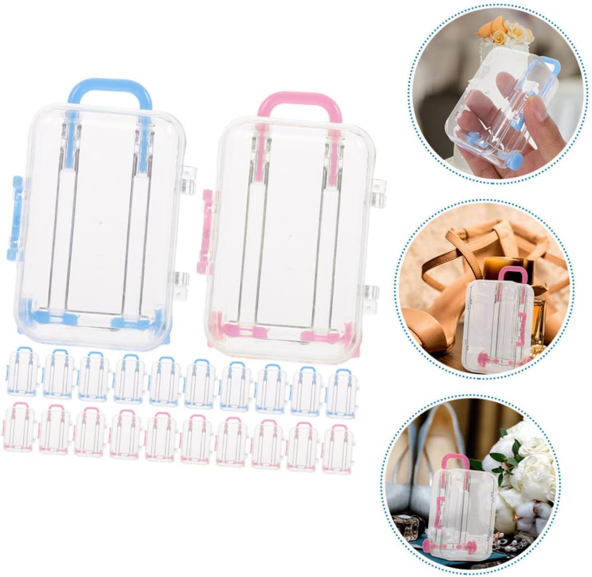 FONDOTIN Mini Suitcase Candy Box Wedding Favor Luggage Box Clear Hard Plastic Gift 2.99X2.00X1.49In Party Decoration Bridal Shower Small Storage