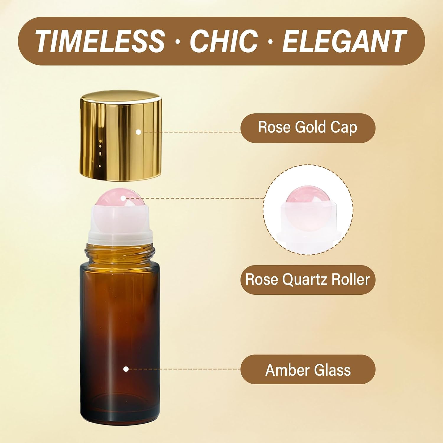 4 Pack Amber Glass Essential Oil Roller Bottles, 50ml Rose Quartz Roll On Bottles with Natural Crystal Roller Balls, Leak-Proof Refillable Perfume Containers with Gold Caps for DIY & Travel
