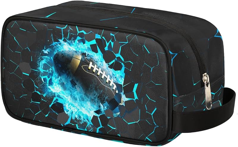 Kids Travel Toiletry Bag - Blue Fire Football Waterproof Hanging Cosmetic Hygiene Bags for Boys Men - Large Shave Kit for Toiletries Accessories Bathroom Stuff