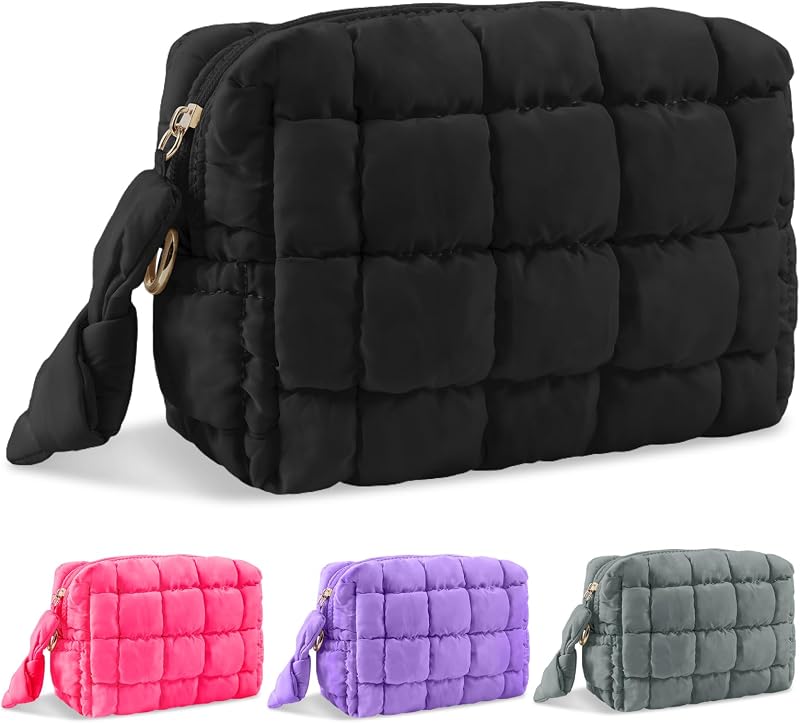 Necessaire de maquiagem acolchoada UIXIZQ com zíper, preta, tamanho S