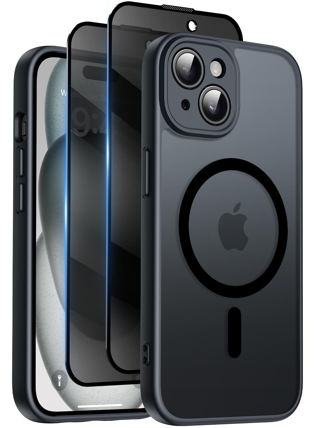 Qasyfanc Coque Magnétique pour iPhone 15 avec 2 Verre Trempé Anti-Espion, Compat