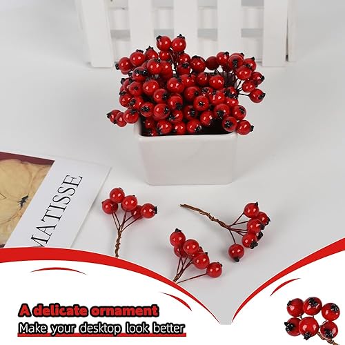 Miniatura 3 de Hagao Frutas artificiales de bayas rojas falsas, espuma de plástico, flores de seda falsas para Navidad, decoración del hogar, fiesta, boda (rojo) -