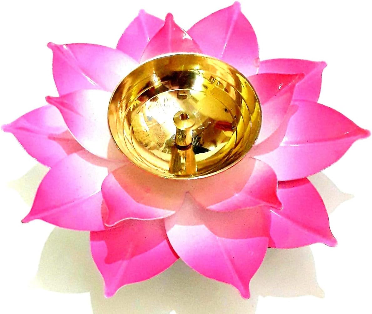 S.S TRADERS Brass Lotus Deepak Colour Pink for Pooja A Traditional Pooja Diya for Aarti Home Mandir Office A Unique and Attractive Brass Deepak Brass Diya Oil Lamp Idol for Diwali 6inches