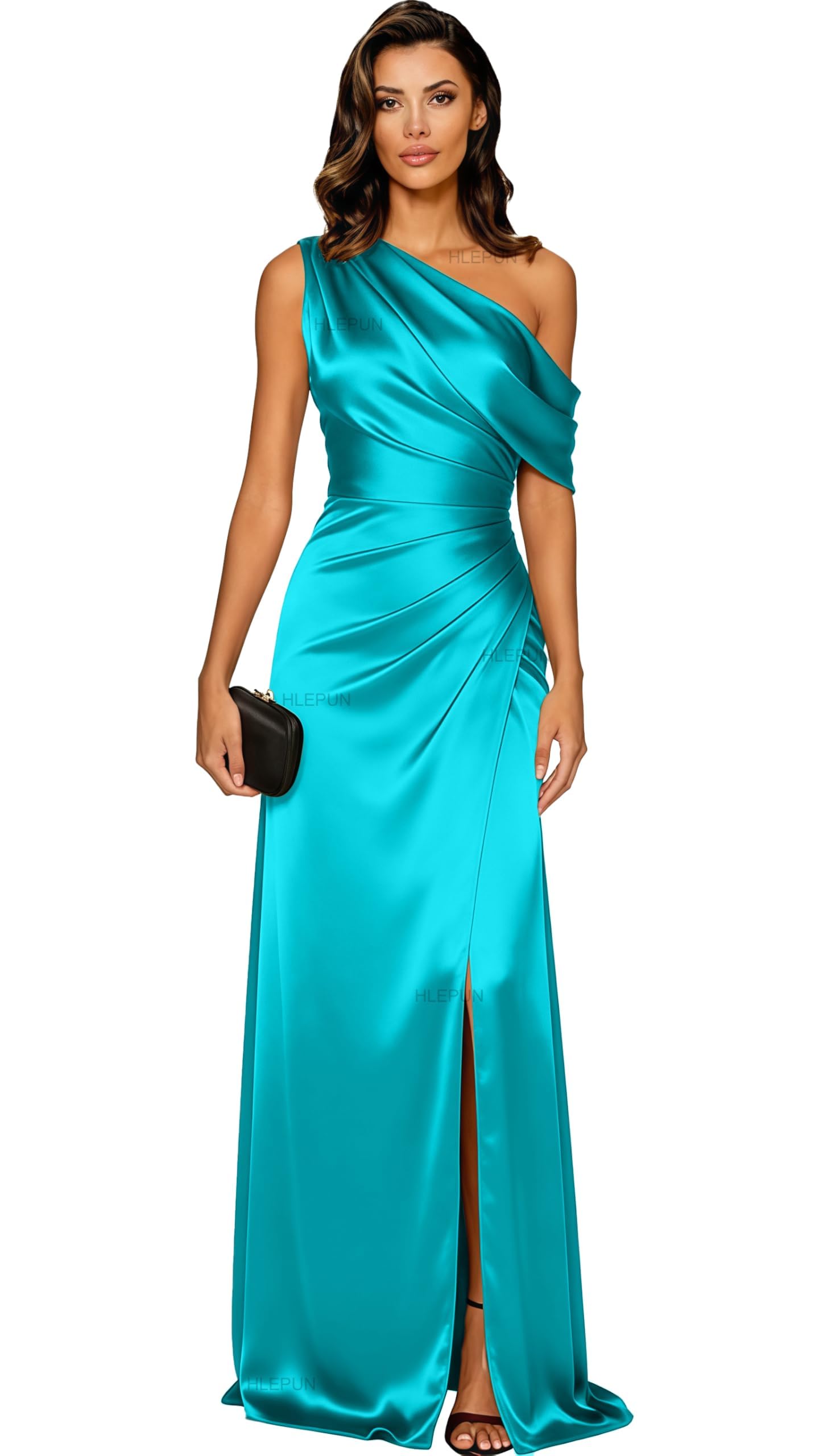 Damen Einschulter Satin Abendkleid Lang Brautjungfernkleider Maxi Festlich Elegant Festkleid Für Hochzeit Mit Schlitz