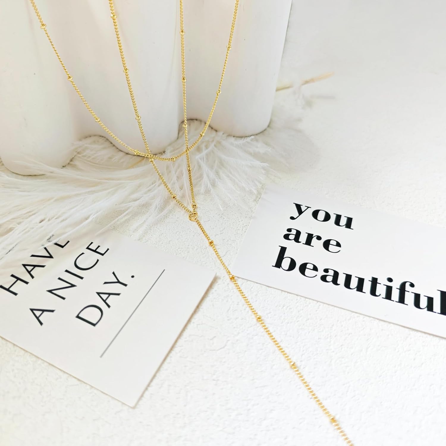 Gold Necklace for Women Trendy Lariat Y Necklace Dainty 14k Gold Plated/Silver Long Necklaces for Women Layered Beaded Drop Necklaces Simple Y-Shaped Chain Jewelry Gifts - Image 5