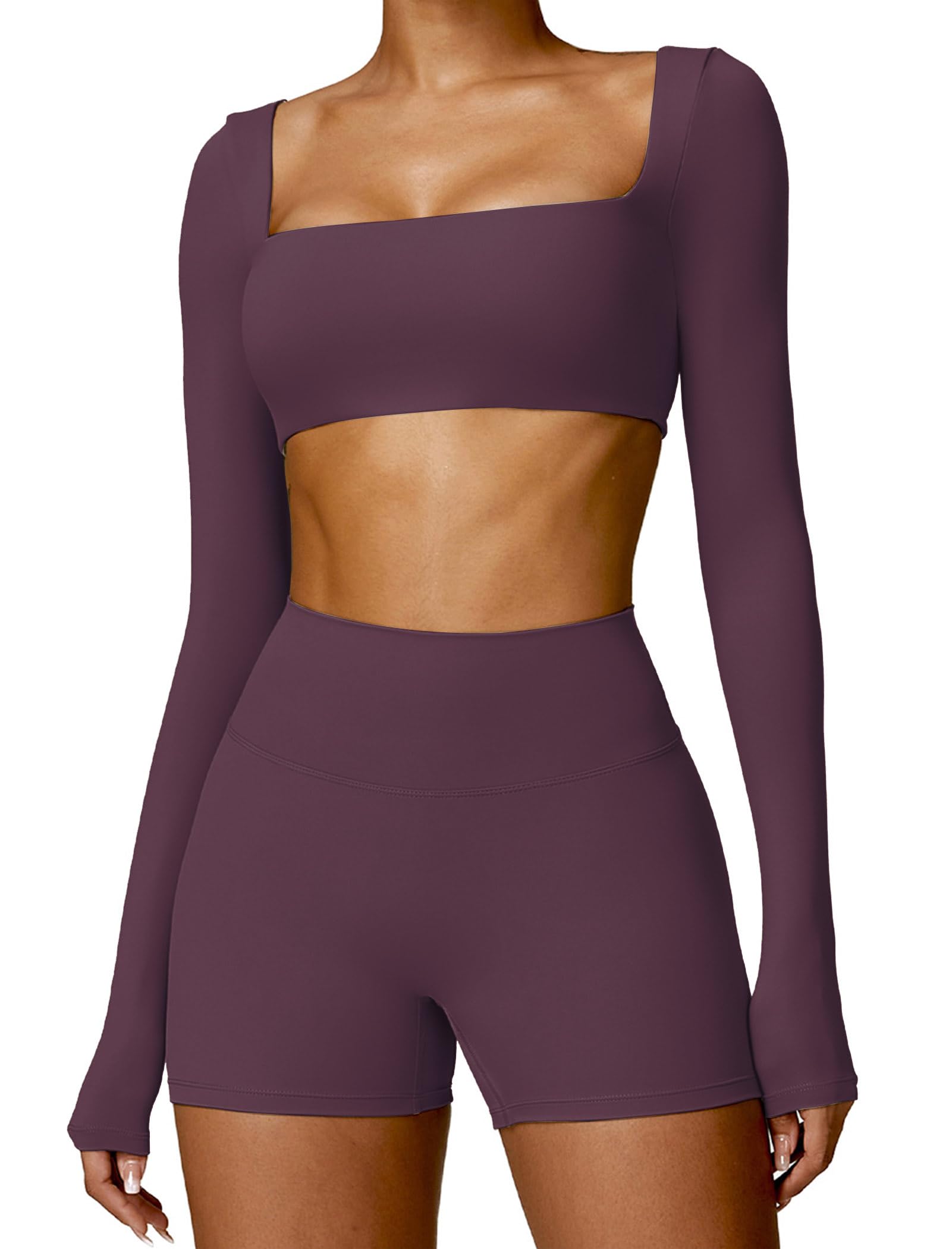 ABOCIW Workout Sets for Women 2 Piece Square Neck Long Sleeve Crop Tops High Waist Biker Shorts Gym