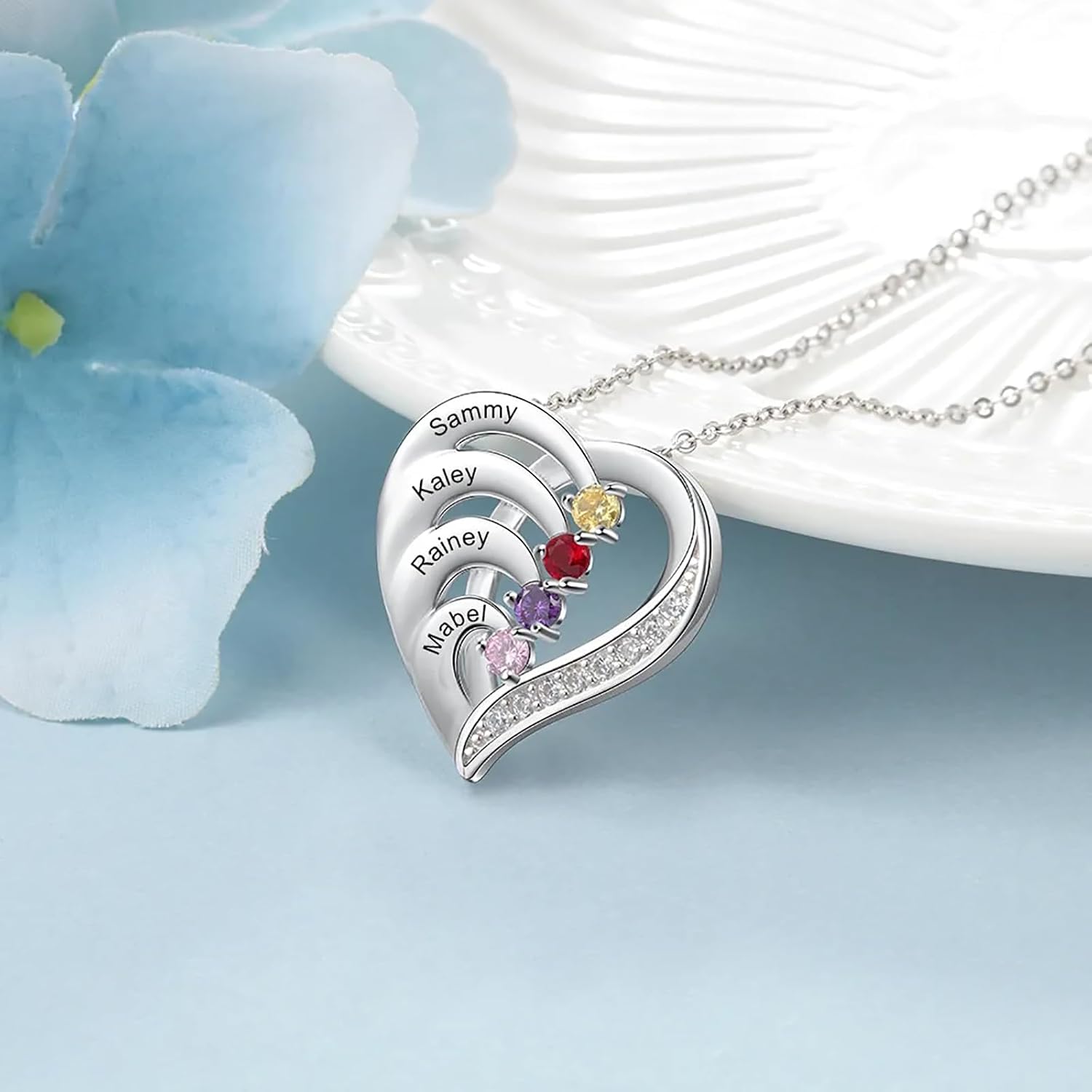 10K 14K 18K Gold Moissanite Personalized Mothers Birthstone Necklace 2~6 Family Birthstone Heart Pendant Necklace Custom Name Birthstone Necklace for Women Birthday