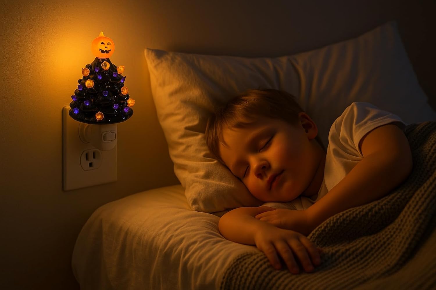 Halloween Ceramic Night Light Plug-in | Black Christmas Tree with Pumpkin Head & LED Lights | Festive Halloween Nightlight Decor | Jack O' Lantern Decoration Plug-in Lamp for Bedroom & Hallway