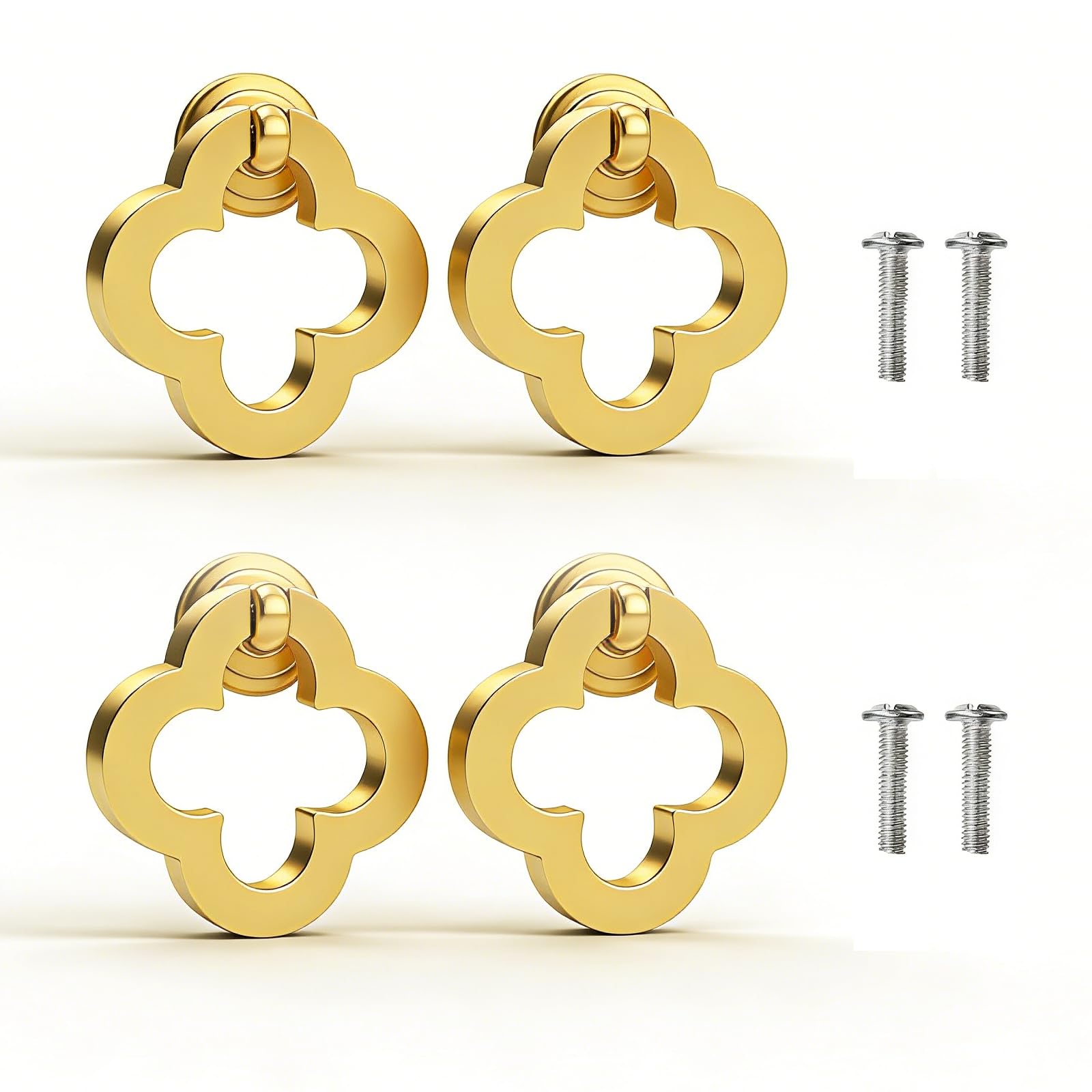 Newsmy 4 Flower Gold Cabinet Ring Pull Handles 4 Pack, Decorative Clover Drawer Pulls With Extra Screws, Modern Furniture Handles For Cupboard, Wardrobe, Dresser & Cabinets
