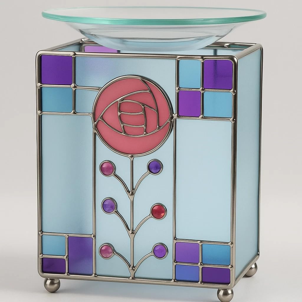 Mackintosh Pink Rose Oil Burner and Wax Melt Warmer Stained Glass Candle Wax Warmer Burner Melter Fragrance Heating Plate for Scented Waxs Home Office Bedroom Aromatherapy Gift& Décor