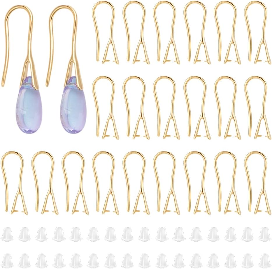 UNICRAFTALE About 32Pcs Real 24K Gold Plated Earring Hooks with Pinch Bails French Ear Wires with Pendant Clasp Drop Earring Hooks Finding for Jewelry Making DIY Findings