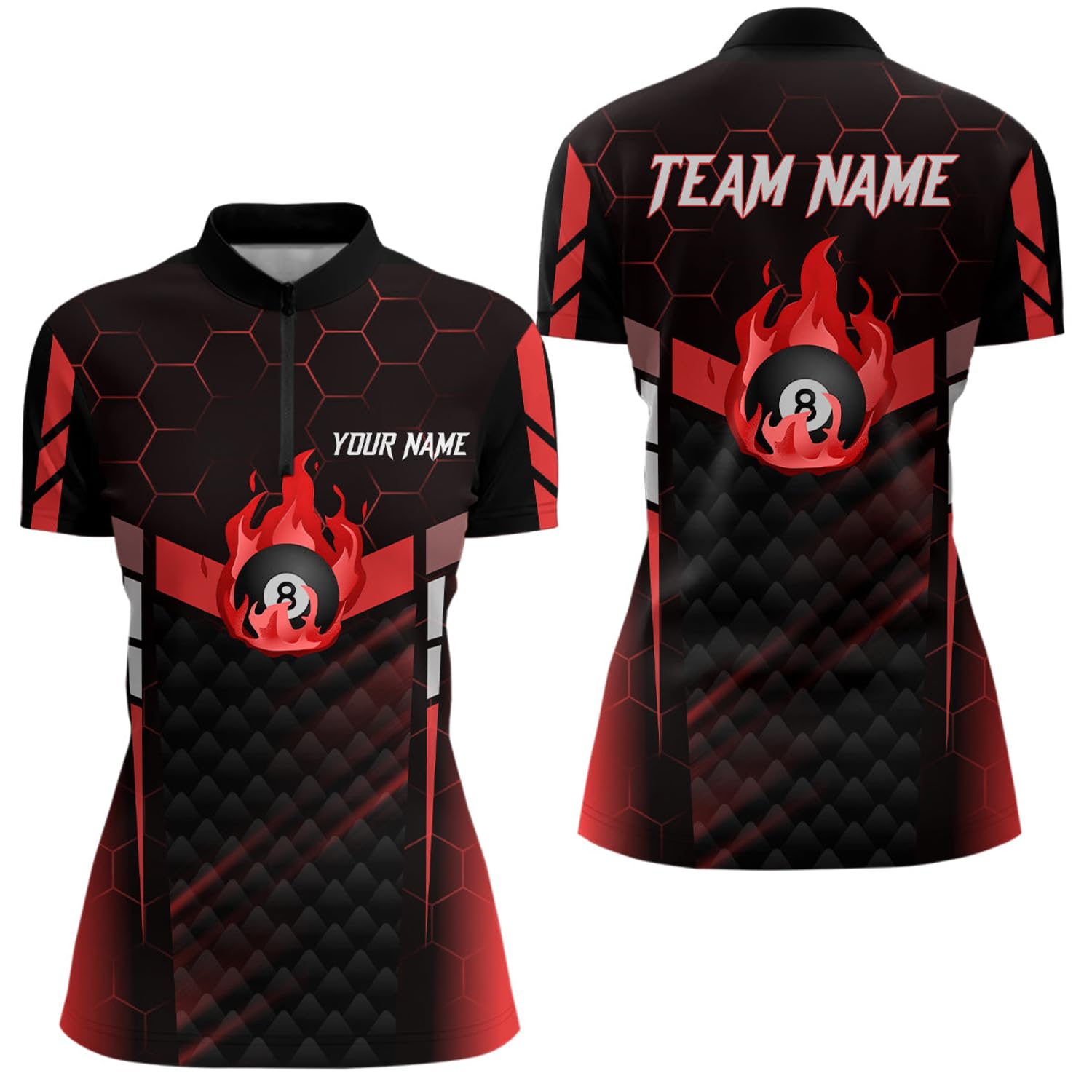 Personalized Red Fire 8 Ball Billiard 3D Quarter Zip Shirts for Women 8 Ball Pool Team Jerseys V1018