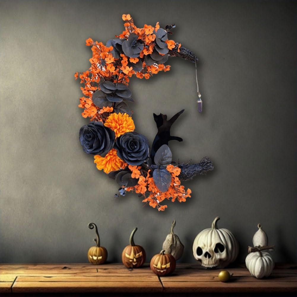 Halloween-Mondkranz mit schwarzer Katze, Halloween-Katzen-Türkranz, Halloween-Mond-Katzenkränze for Zuhause, Party, Fenster, Wand, drinnen und draußen