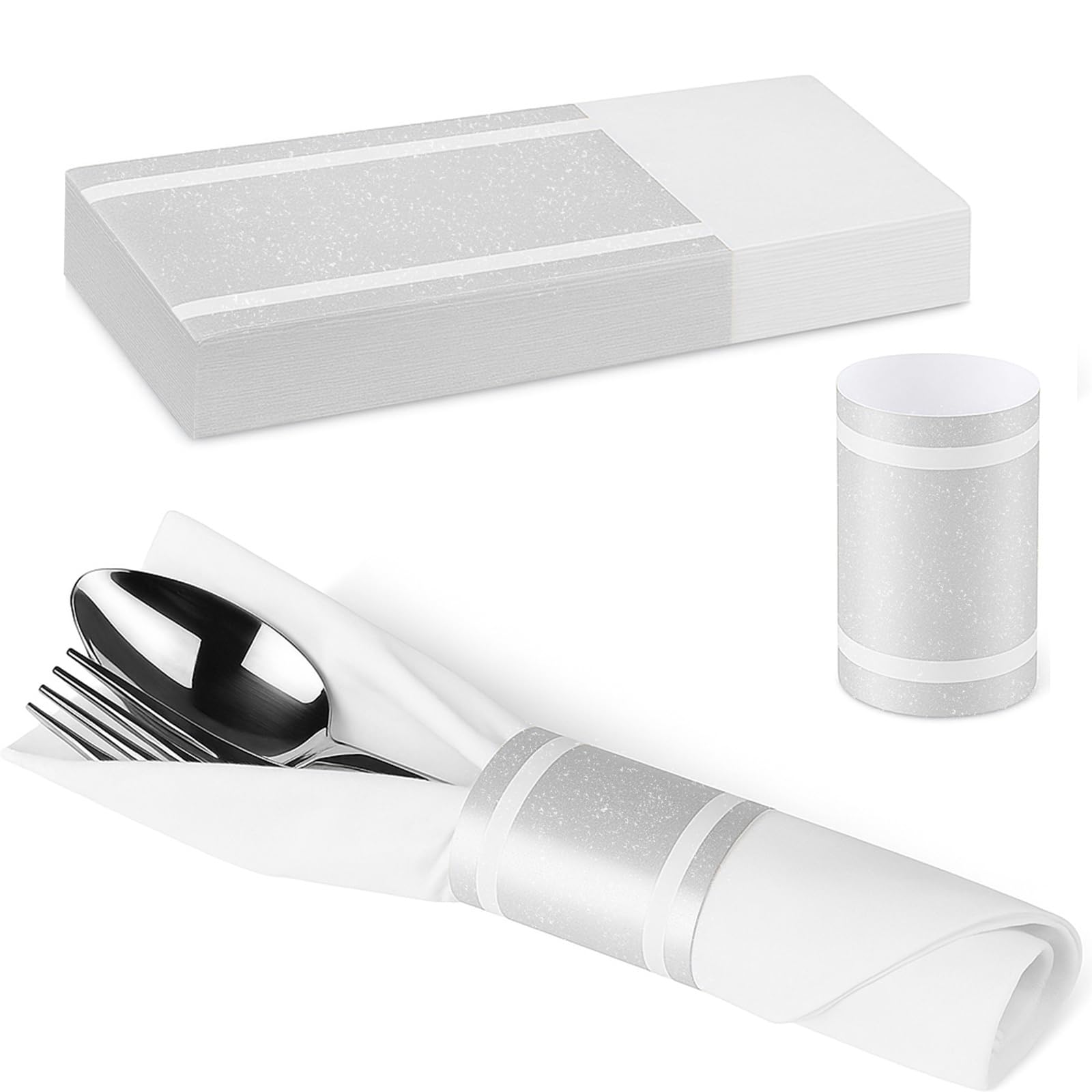 Photo 1 of 100 Pcs Napkin Bands - Paper Napkin Rings Self Adhesive,Silverware Wraps Bands for Wedding Party Event Dinner Table Setting(Silver)