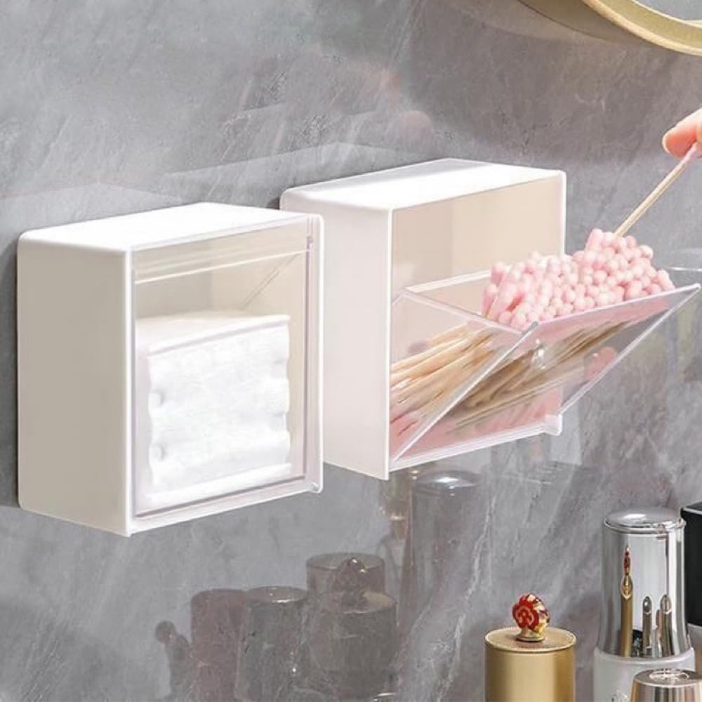 Gifthub 2Pcs Plastic White Cotton Pads Holder Dispenser, No Drilling Wall Mounted, Multipurpose Storage Box for Bathroom & Kitchen