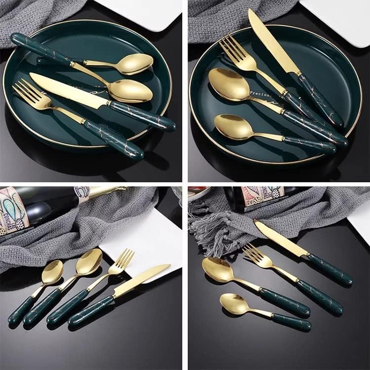 Image of Artek Stainless Steel Spoons, Forks & Knives Set of 24 with Stand and Ceramic Handle Golden Cutlery Set (Green)