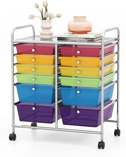 Julimoon Carrito de almacenamiento con ruedas de 12 cajones, carrito organizador de almacenamiento multiusos con ruedas bloqueables, carrito móvil