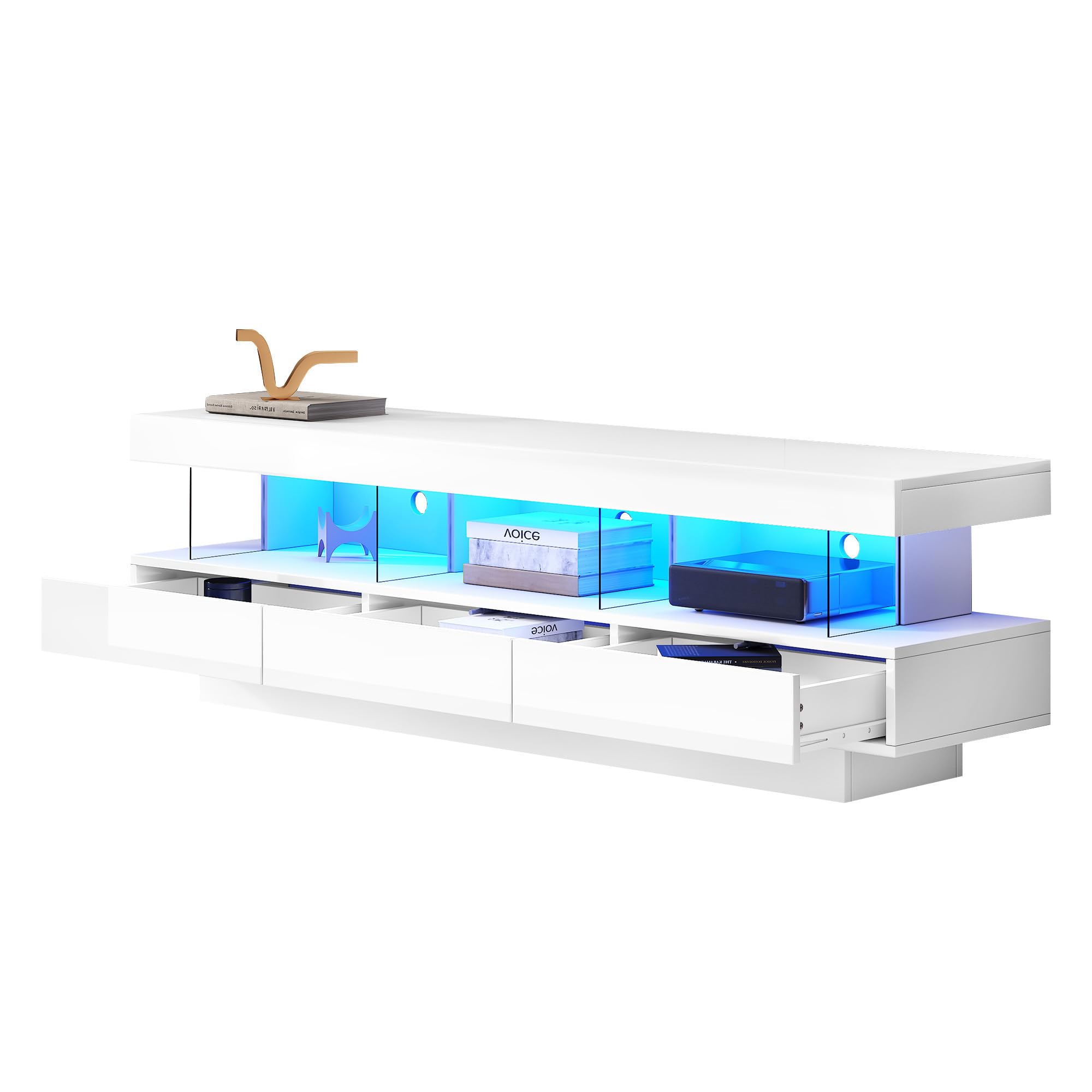 Azkoeesy Mobile TV bianco lucido 160 cm con LED e controllo app, moderno cassettiera TV, con 3 cassetti - Push to Open, scomparti in vetro, per soggiorno