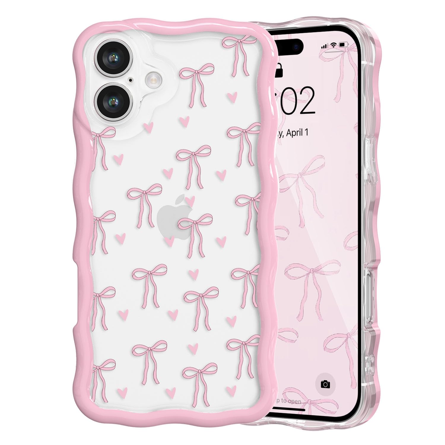 QLTYPRI for iPhone 16 Pink Bow Case, Clear Cute Pink Ribbon Bow Phone Case Curly Wavy Aesthetic Phone Cover, Soft Slim Transparent TPU Shockproof