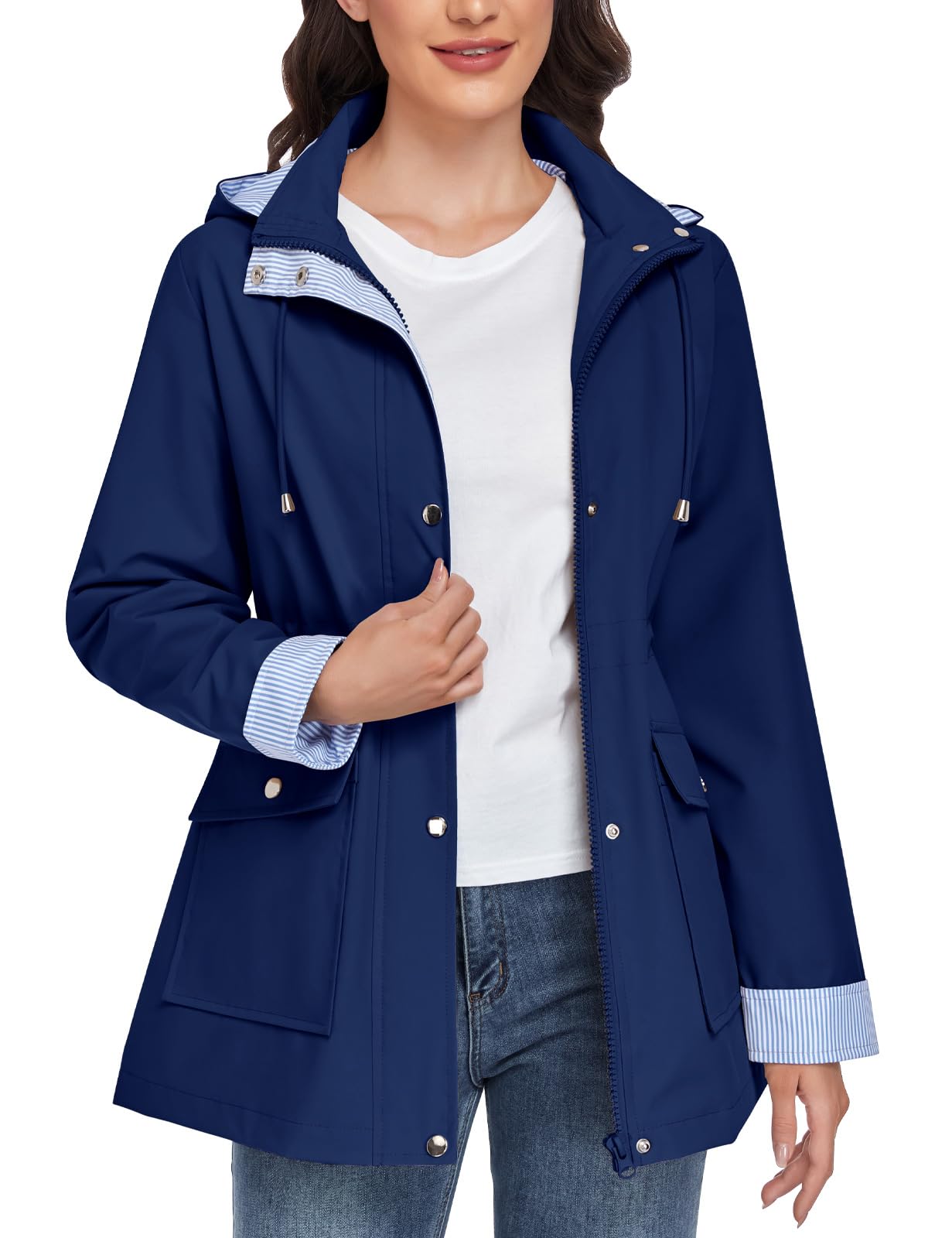 CMTOP Chubasquero Mujer Impermeable Chaqueta Largo Ligera Abrigo Transpirable Cortaviento con Capucha Parkas Casual Cremallera Raincoat Primavera Otoño para Exteriores