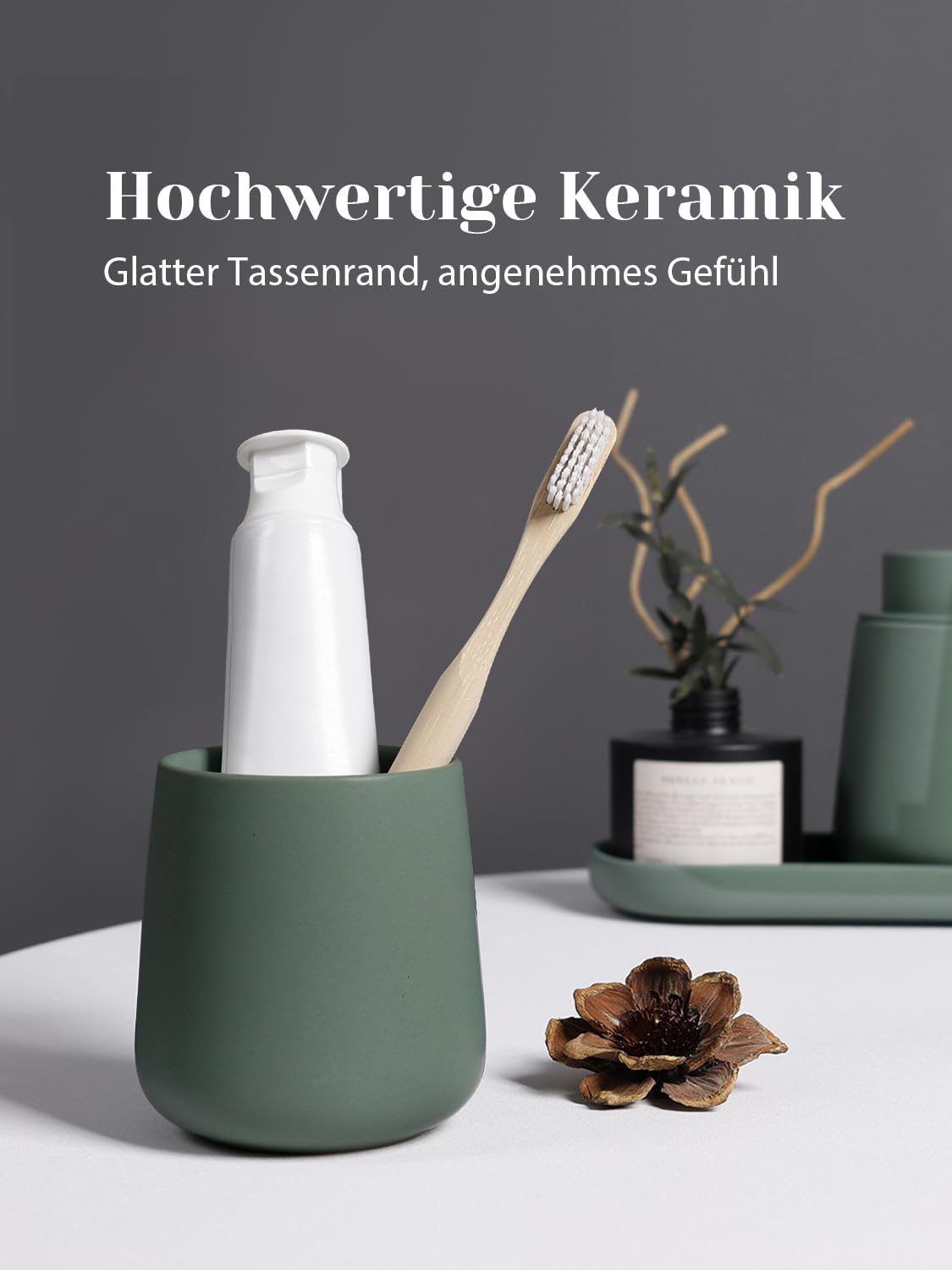 Set da bagno verde, 3 pezzi di accessori da bagno in ceramica, accessori da bagno decorativi, include dispenser per sapone in schiuma da 350 ml, bicchiere per spazzolini e vaschetta, adatto