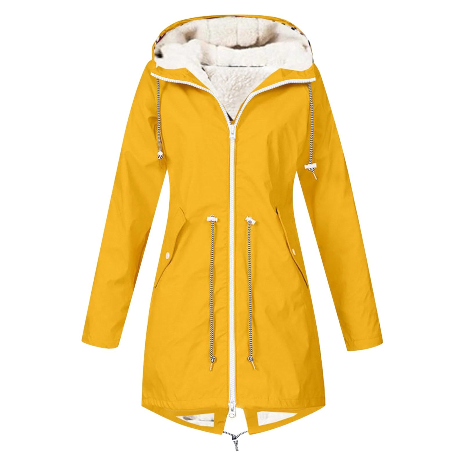 Generisch Damen Trenchcoat Frühling Windjacke Damen Wintermantel mit Fleecefutter, mittellang, einfarbig, mit Kapuze (Yellow, S)