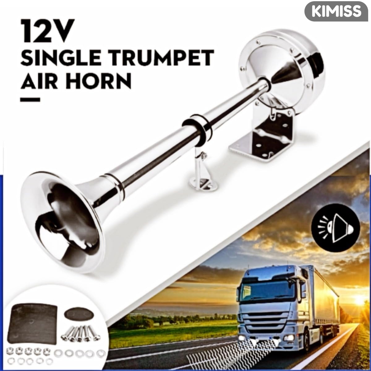 KIMISS Tromba Singola Ad Alto Volume ，VXH1112MAR‑C 328DB Tromba Ad Aria a Tromba Singola 12V 30W in Acciaio Inossidabile Universale per Barche, Camper e Yacht