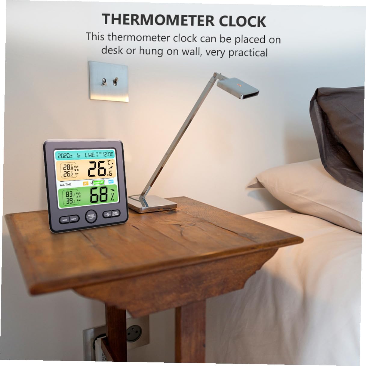 Thermohygrometer Uhr mit LED Display, Faltbarer Halter, Abs Schwarz | 1 Stück, ohne Batterie, für Wand oder Tisch, Temperatur ±1 °c, Luftfeuchte ±5 % Rh