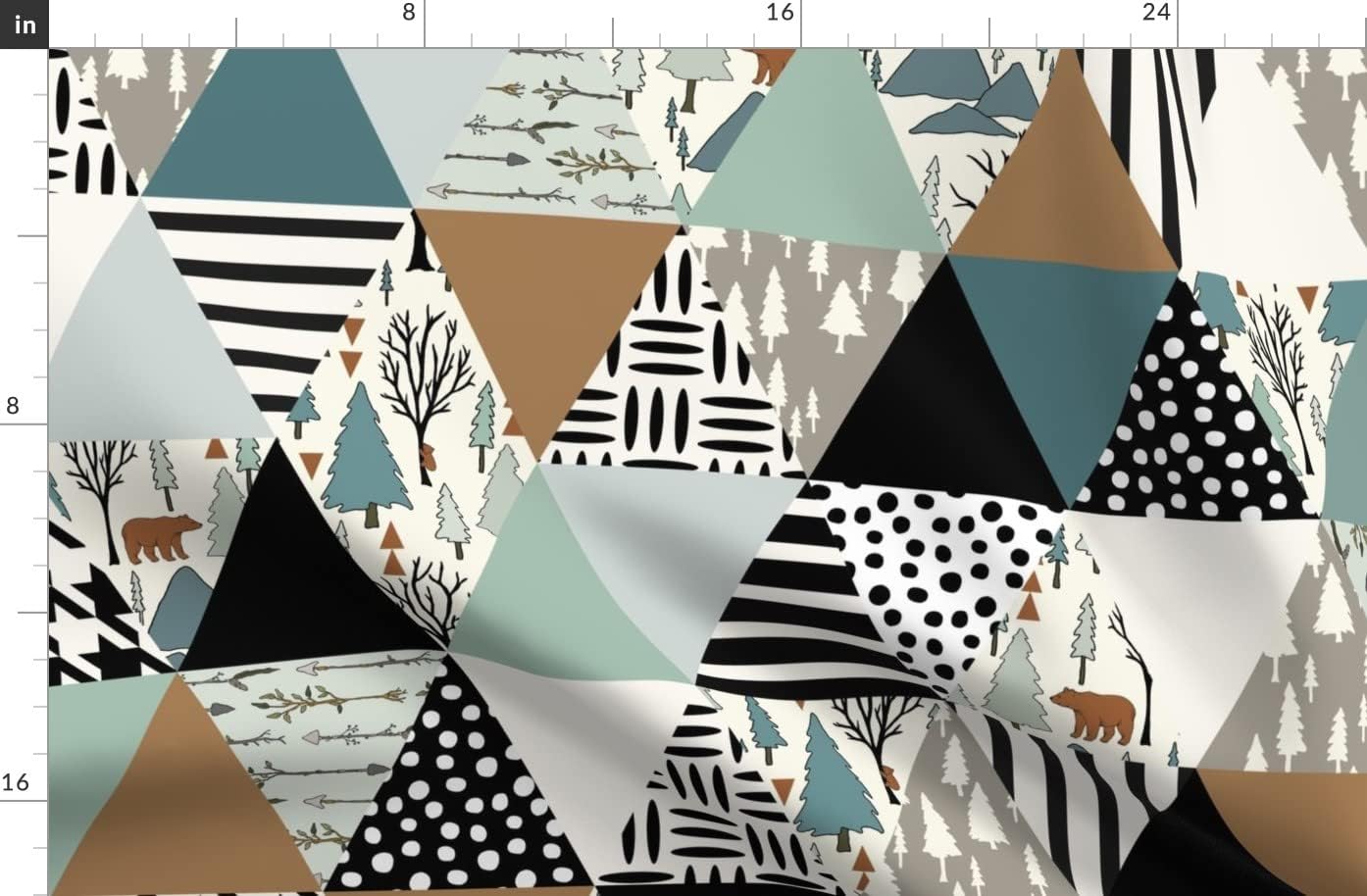 Spoonflower Fabric - Woodland Cheater Quilt Whole Cloth Triangle Sage Sienna Bear Forest Printed on Organic Cotton Sateen Fabric by The Yard - Sewing Quilting Apparel Home Decor