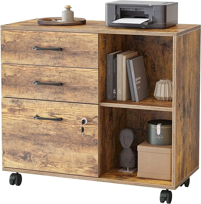 FEZIBO Armoire de classement mobile à 3 tiroirs, armoire latérale avec serrure, support d'imprimante avec compartiments de rangement ouverts pour le bureau à domicile, marron rustique