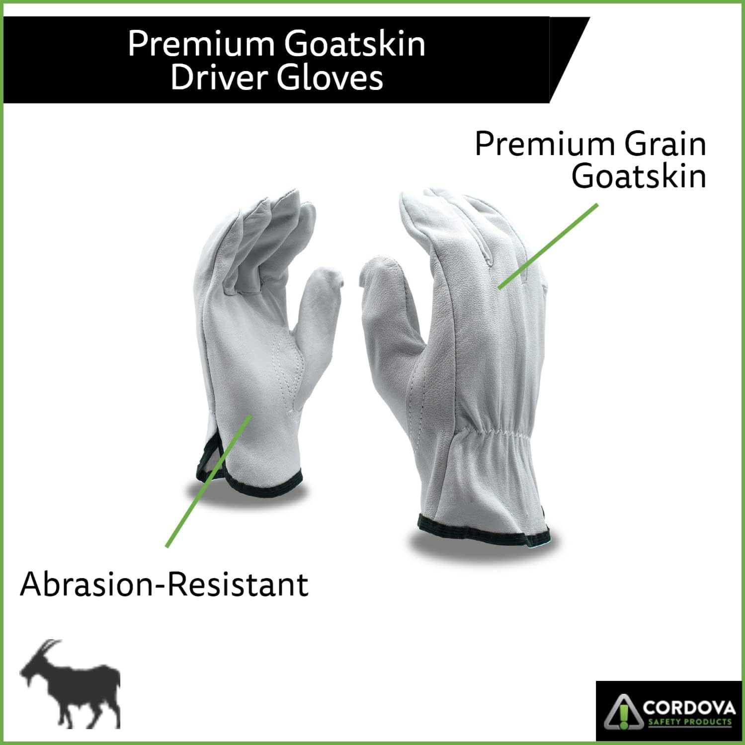 Cordova 8500XL Guantes de piel de cabra de grano premium, sin forro, parte trasera elástica fruncida, pulgar Keystone, XL, paquete de 12