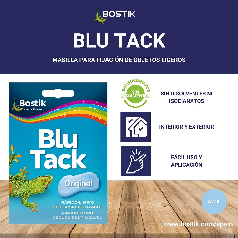 BOSTIK Blu Tack Original Azul, Masilla Adhesiva, Moldeable y Reutilizable, Fijación de Todo Tipo de Objetos, Limpia, Segura y Fácil de Usar, Sustituye Chinchetas y Cintas Adhesivas, Sobre 57 g
